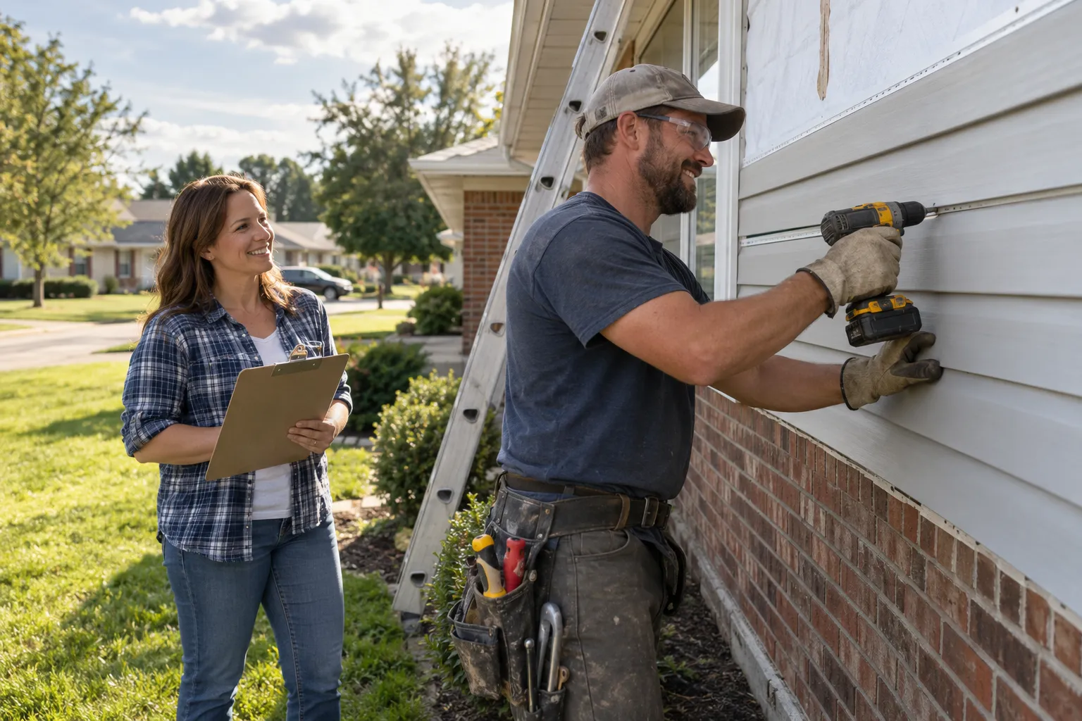 Provider installing new vinyl siding on a ranch-style home in Friendswood